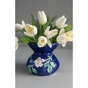 Antique Wild Rose Majolica Cupsidor 19th Century Squat Vase Home Decor Blue Pink